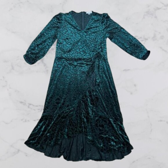 Calvin Klein Green Burnout Velvet Animal-Print Stretch Wrap Midi Dress Size 16 - Picture 9 of 12
